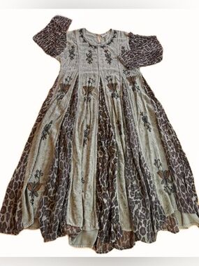 Vintage Magic Green Leopard Print Rayon Boho Paneled Maxi Dress Embroidered 1XL